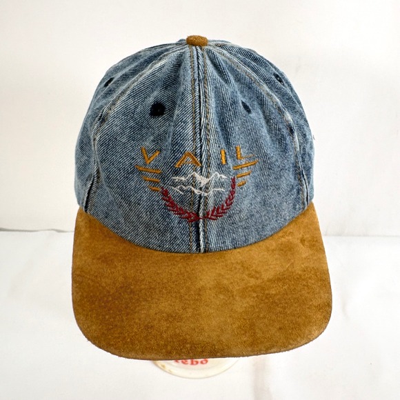 Ski Country Imports Other - Vintage 90s Vail Colorado Hat Blue Denim Brown Suede Brim Cap Color Block Acid W